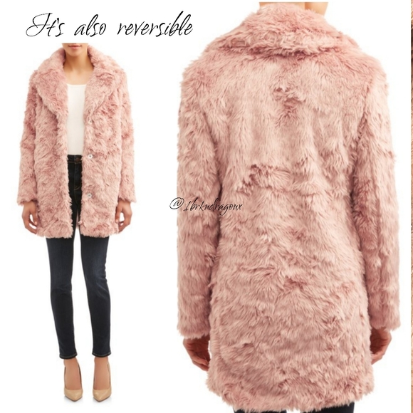 KENDALL + KYLIE CURLY FAUX FUR MID-LENGTH JACKET BLUSH FAUX FUR  REVERSIBLE - Picture 3 of 16